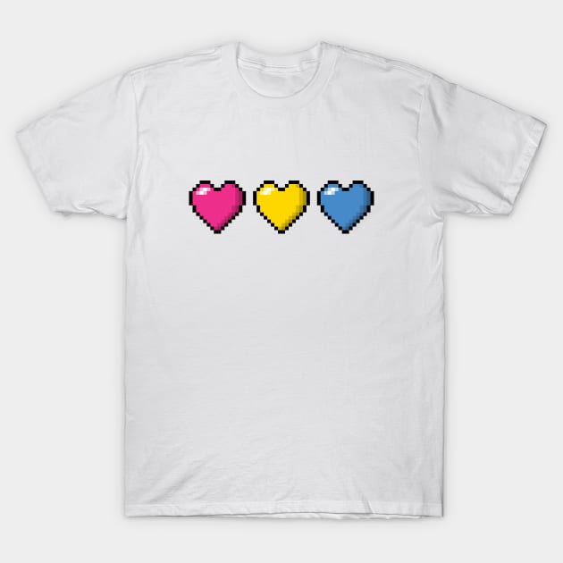 Row of Three Pansexual Pride Flag Pixel Hearts T-Shirt by LiveLoudGraphics